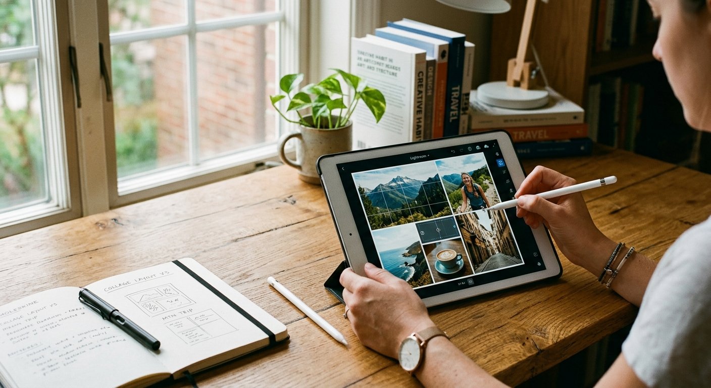 Creative workspace with a tablet showing a collage layout.