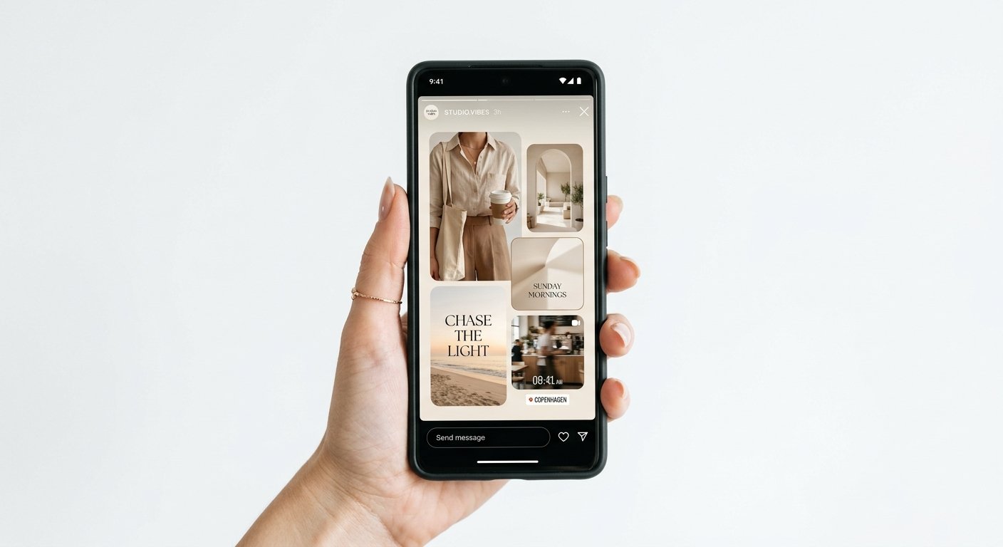 Smartphone displaying an aesthetic Instagram story collage.