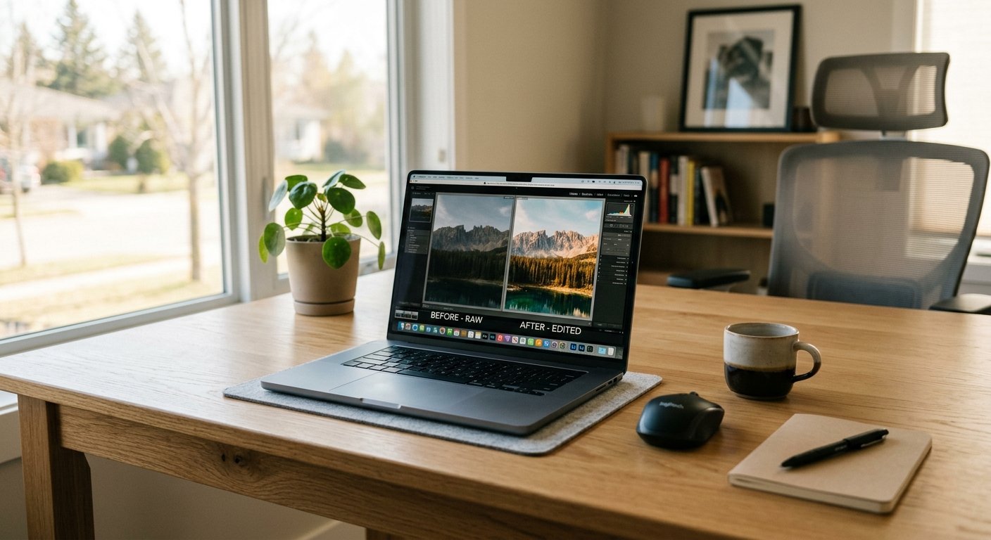Close-up of a designer creating a before and after collage on a laptop.