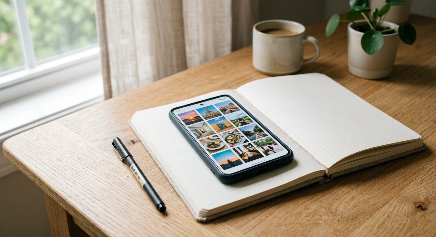 A smartphone displaying a clean photo grid collage on a desk.