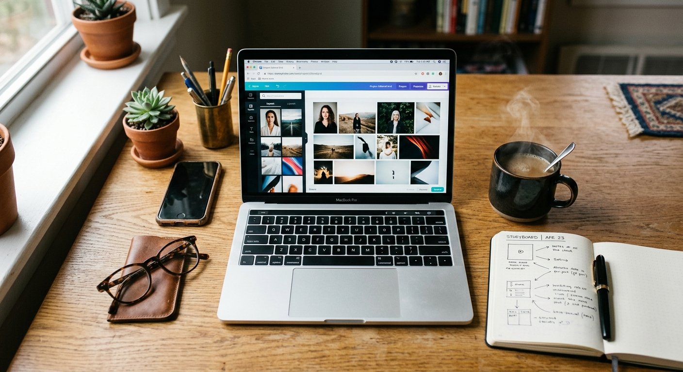 A clean, modern workspace with a collage project visible on a laptop screen.