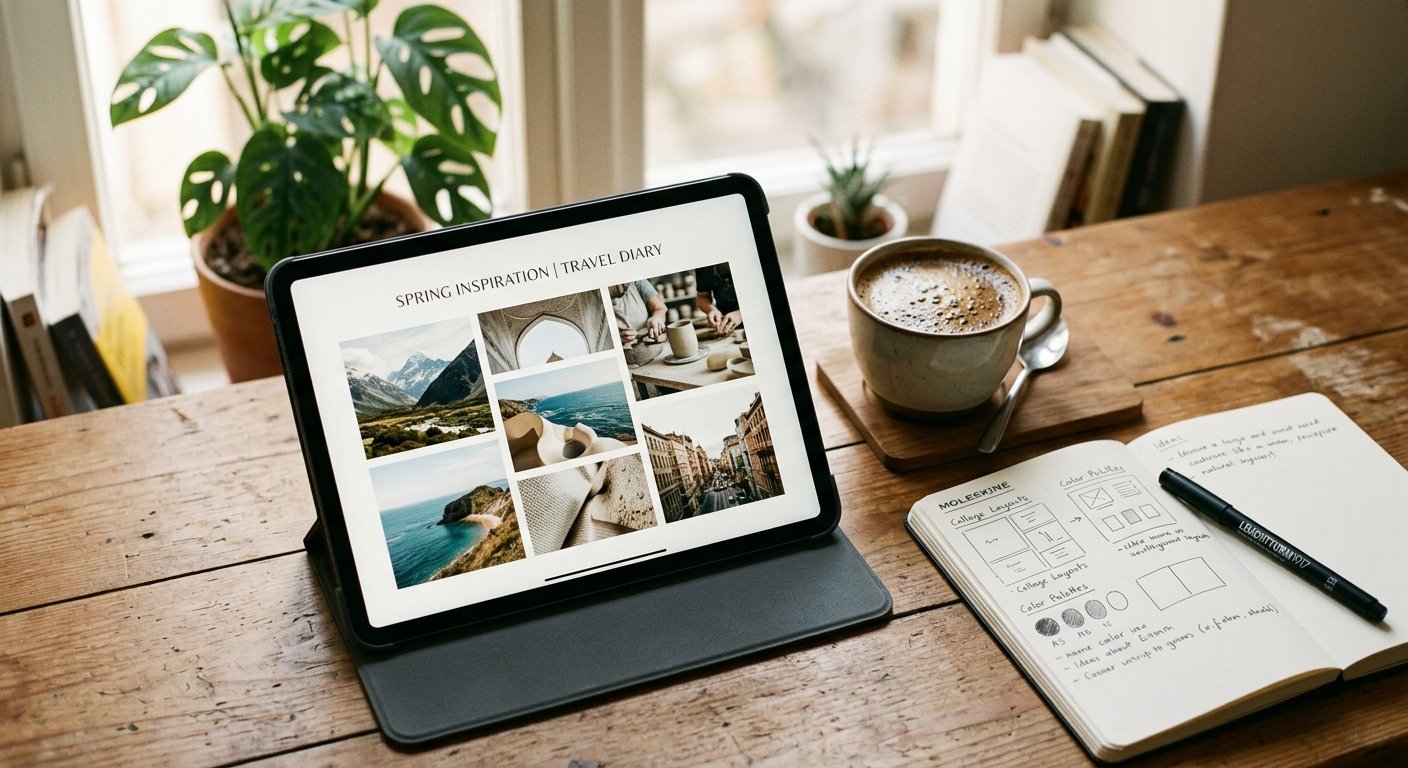Digital designer working on an online photo collage on a tablet.