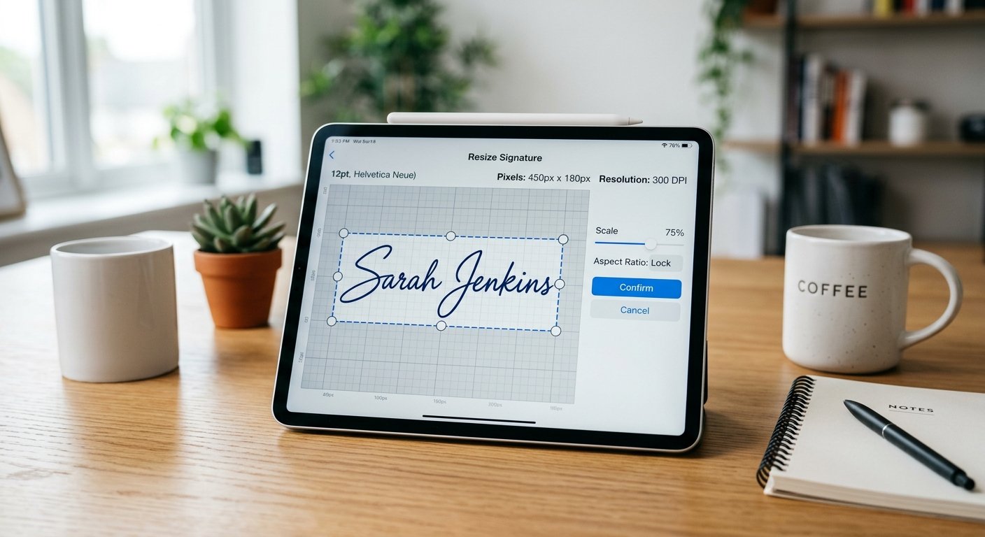 Digital signature being resized on a modern tablet interface.
