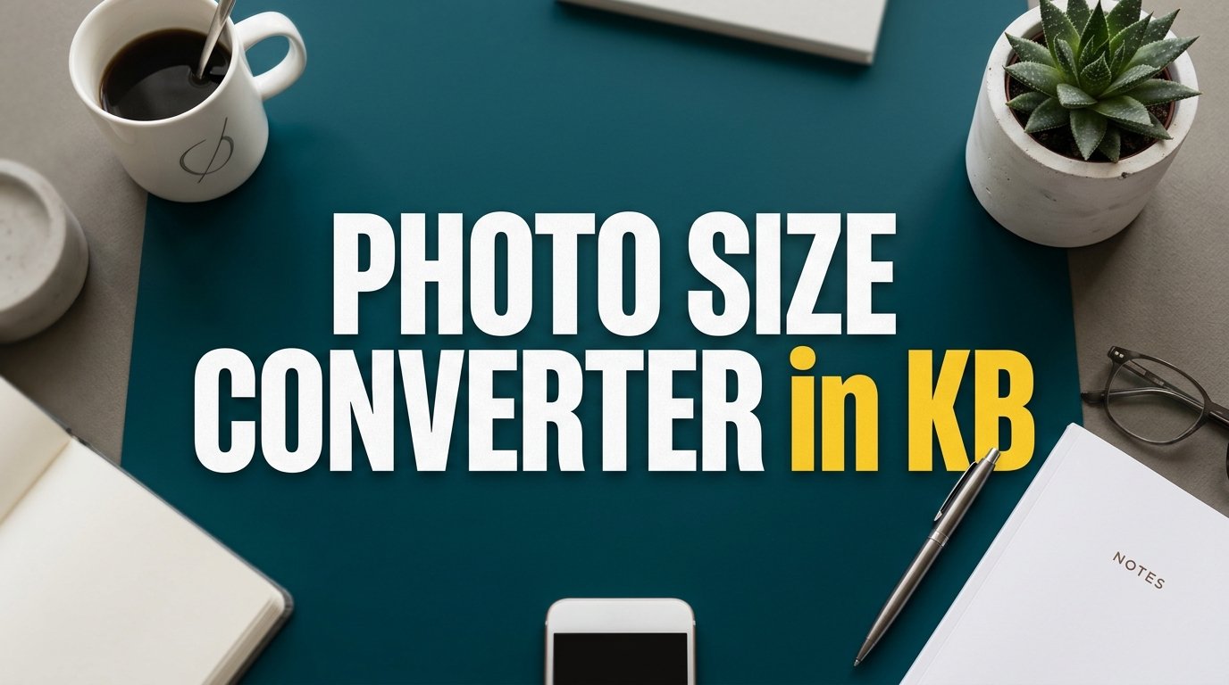 Photo size converter in KB featured graphic banner showing clean workspace flat lay.
