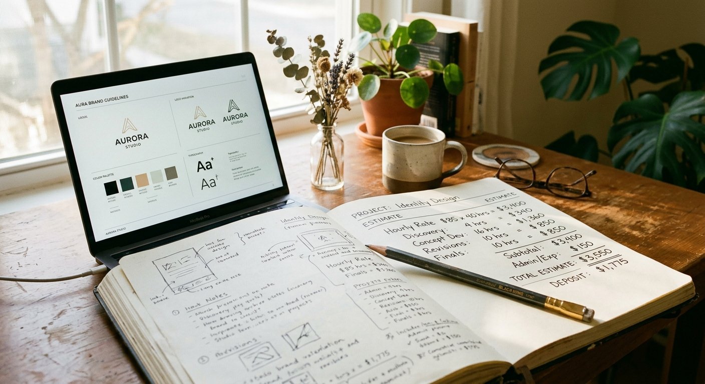 Freelance designer notebook with pricing calculations and brand guidelines on desk.