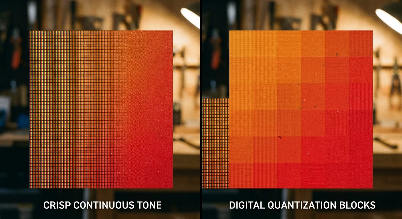 Visual representation of pixel data and digital compression grid patterns.