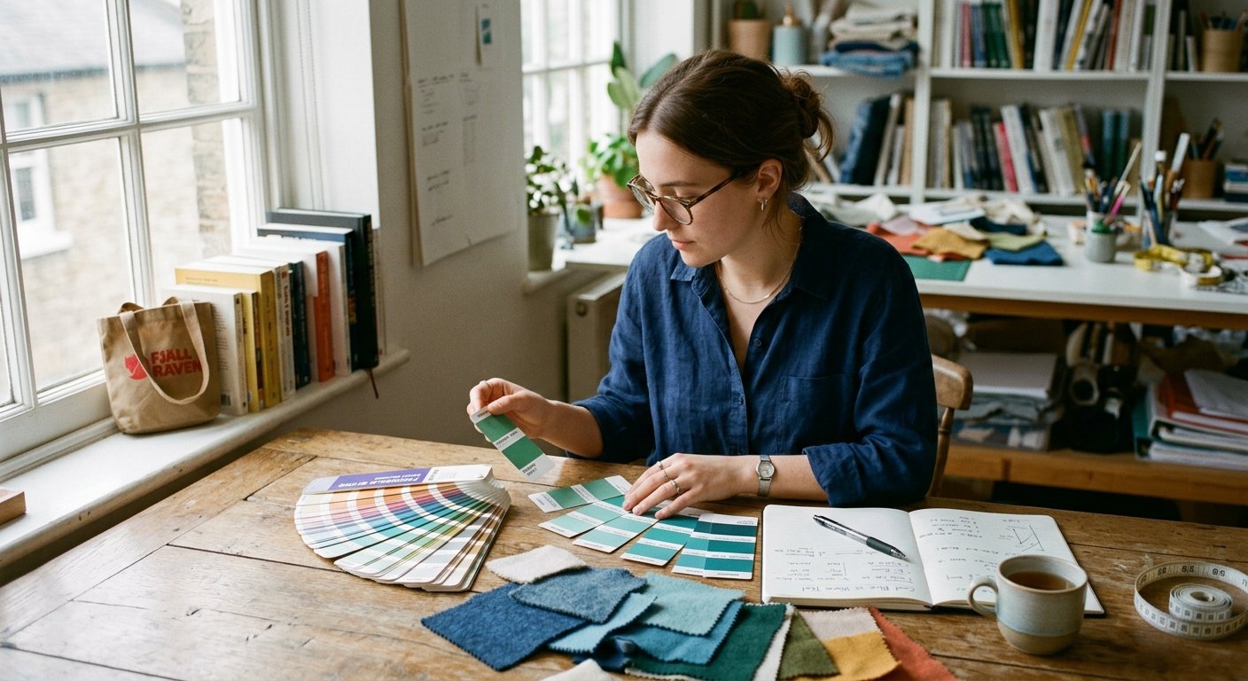 Designer reviewing color swatches on a wooden desk