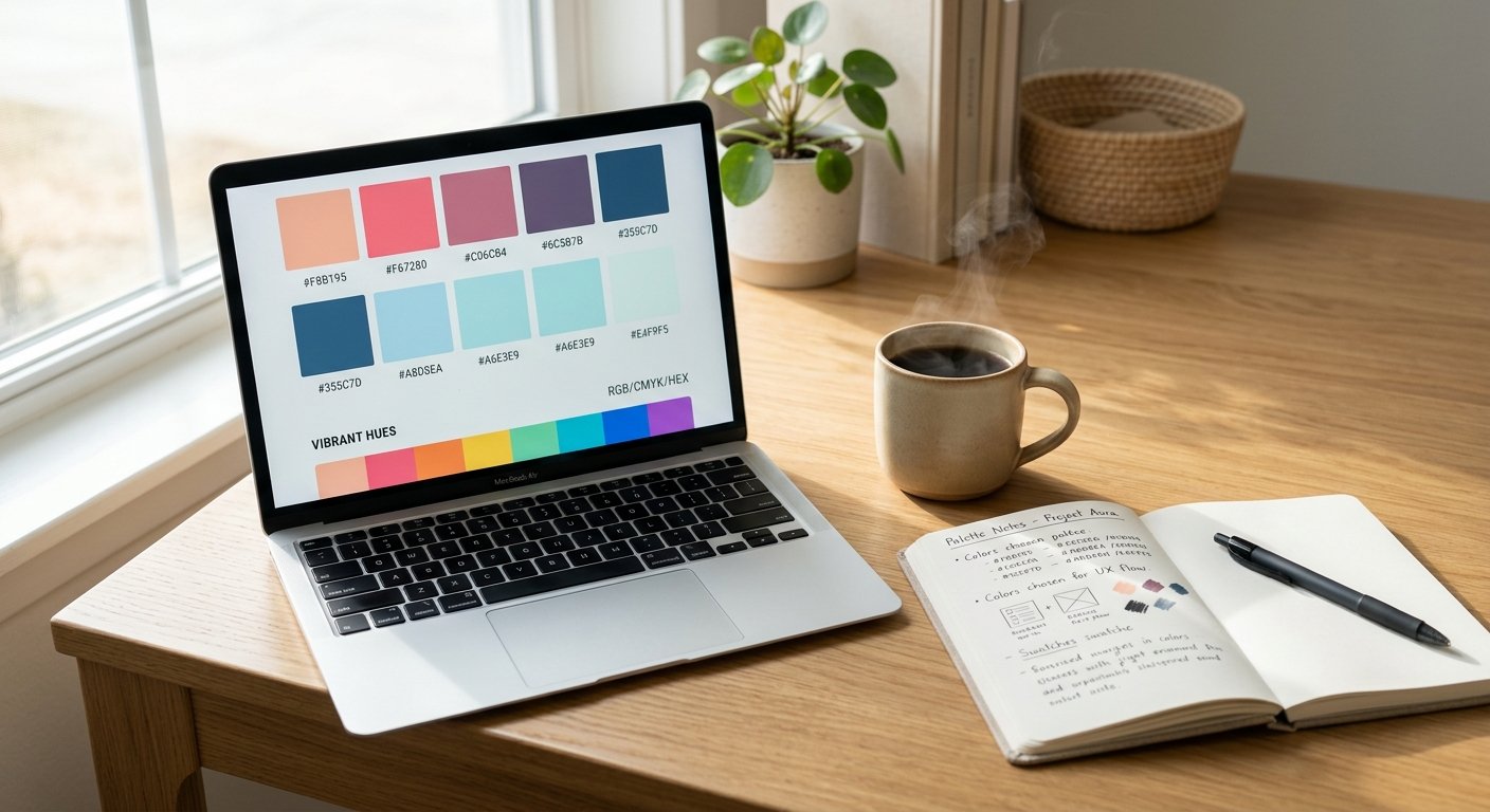Minimalist workspace with digital color palette on screen