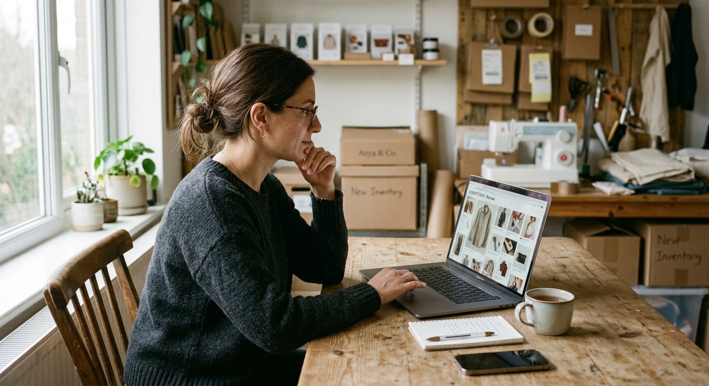 An entrepreneur reviewing product photographs on a laptop in a quiet studio space.